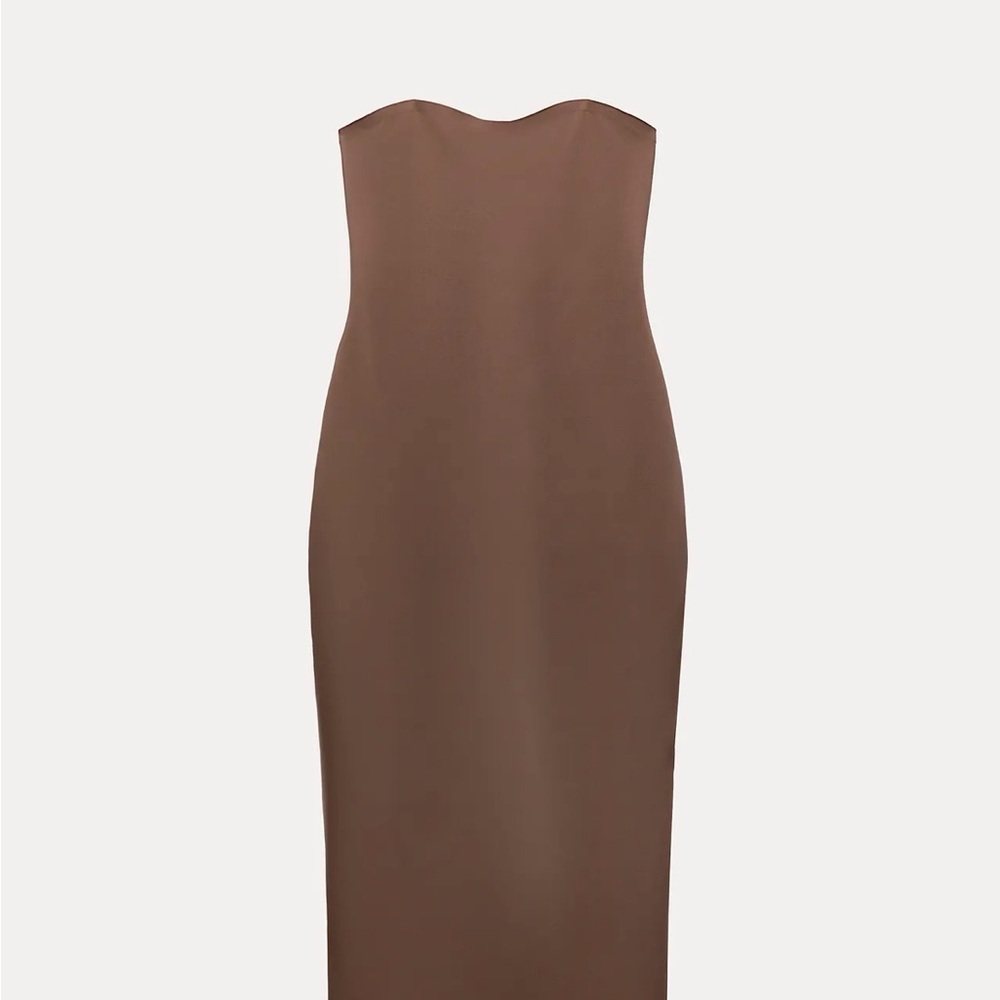 Zara Light Brown Satin-Effect Strapless Midi Dress